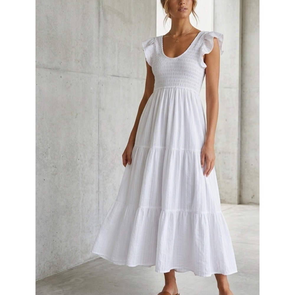 Penelope Rose White Smocked Tiered Ruffle Boho Maxi Dress Small